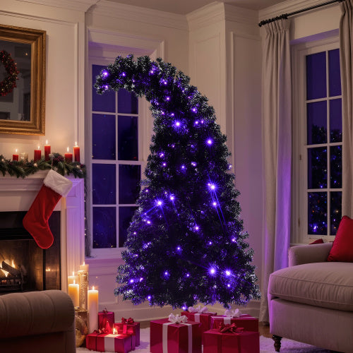 6FT Black Artificial Christmas Tree with LED Lights – Pre-Lit Curved Whimsical Xmas Tree, 900 Tips, Elegant Holiday Decoration