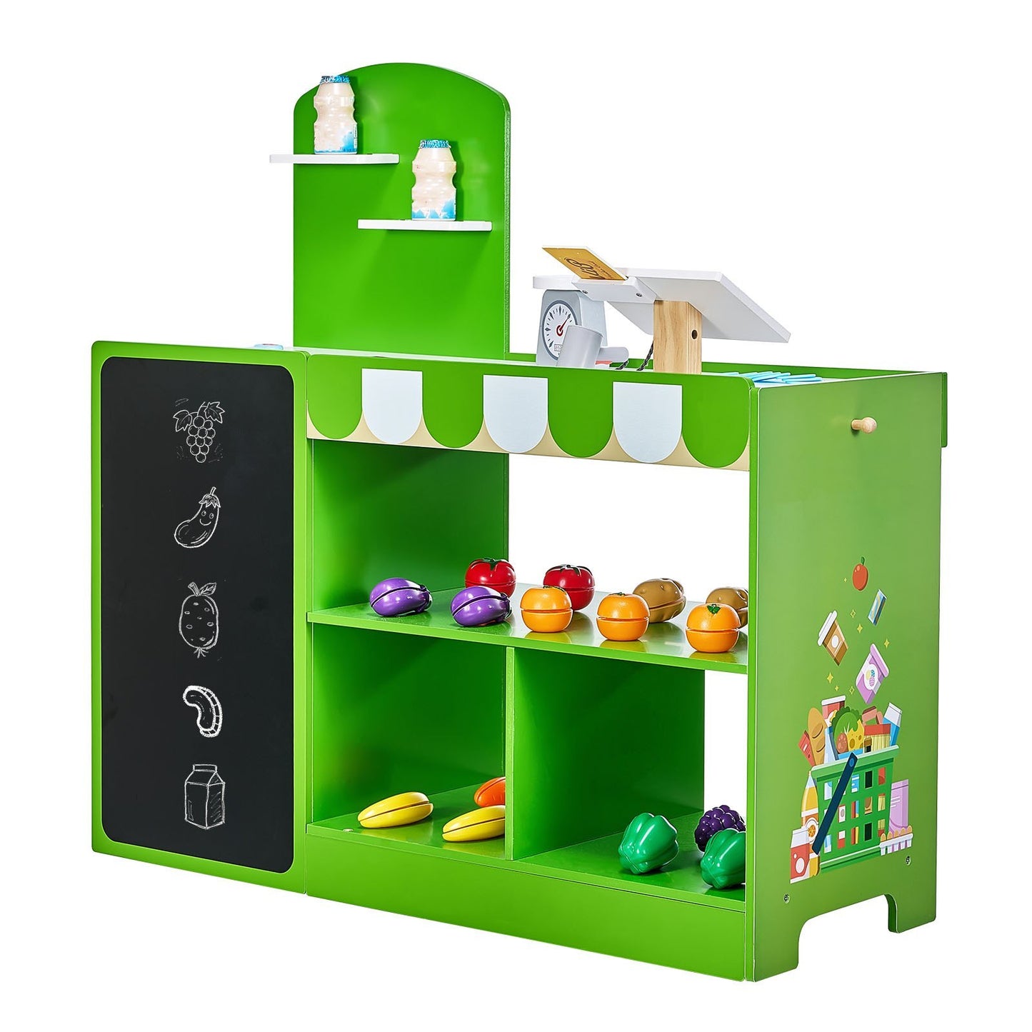 Wooden Kids Grocery Store Playset – Market Stand with Cash Register & Accessories