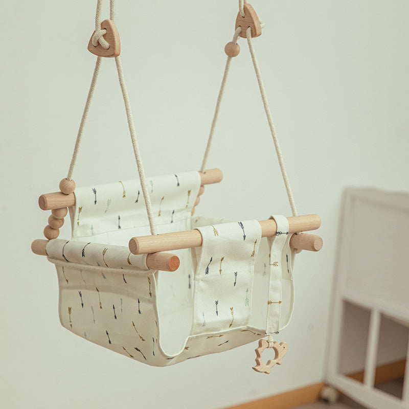 Cotton Canvas Baby Swing Chair – Indoor/Outdoor Hanging Wooden Seat with Safety Cushion | Baby Room Décor & Toy