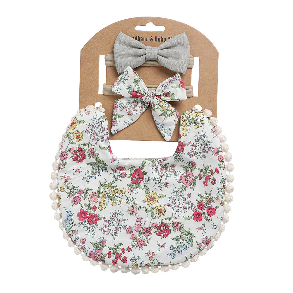 Adorable and Practical: European and American Cotton Floral Baby Bib and Headband Set for Spit Protection