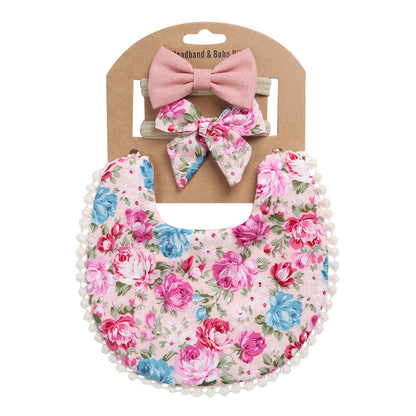 Adorable and Practical: European and American Cotton Floral Baby Bib and Headband Set for Spit Protection