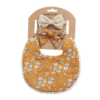 Adorable and Practical: European and American Cotton Floral Baby Bib and Headband Set for Spit Protection