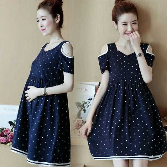 Stylish Polka Dot Off-The-Shoulder Maternity Dress for Comfort and Elegance