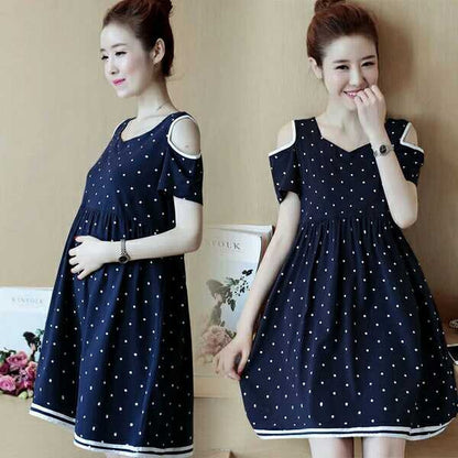 Stylish Polka Dot Off-The-Shoulder Maternity Dress for Comfort and Elegance