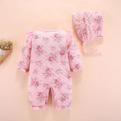 Adorable Baby's New Air Cotton Padded Floral Printed Princess Jumpsuit With Hat