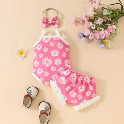 Stylish Floral Printed Waffle Spaghetti Strap Romper & Ruffled Shorts Set