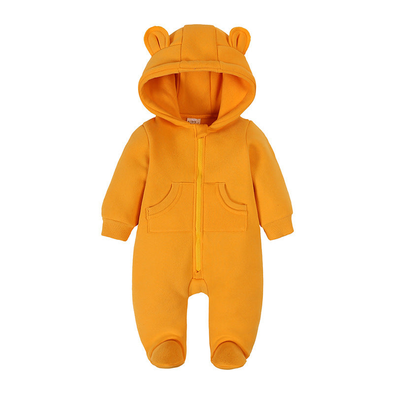 Cozy Solid Color Ear-Designed Hood Thickened Baby Foot-Wrapped Jumpsuit