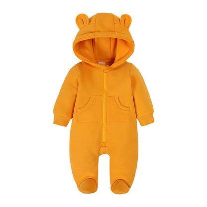 Cozy Solid Color Ear-Designed Hood Thickened Baby Foot-Wrapped Jumpsuit