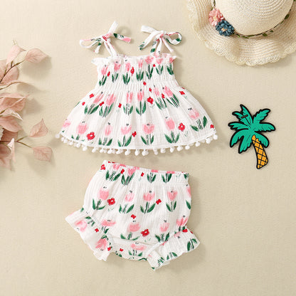 Adorable Baby Girl Floral Print Spaghetti Strap Pom Pom Lace Dress and Short Set