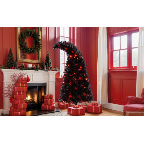 6FT Black Artificial Christmas Tree with LED Lights – Pre-Lit Curved Whimsical Xmas Tree, 900 Tips, Elegant Holiday Decoration