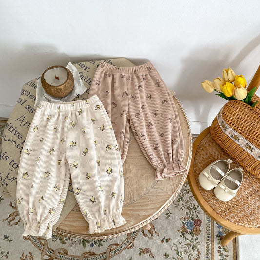 Baby Floral Waffle Print Elastic Cord Ankle-Tied Trousers