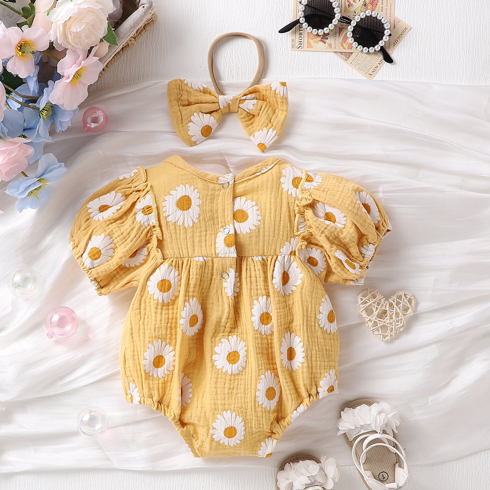 Summer Baby Girl Floral Puff Sleeve Romper Set with Headband | Adorable Prints