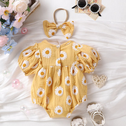 Summer Baby Girl Floral Puff Sleeve Romper Set with Headband | Adorable Prints