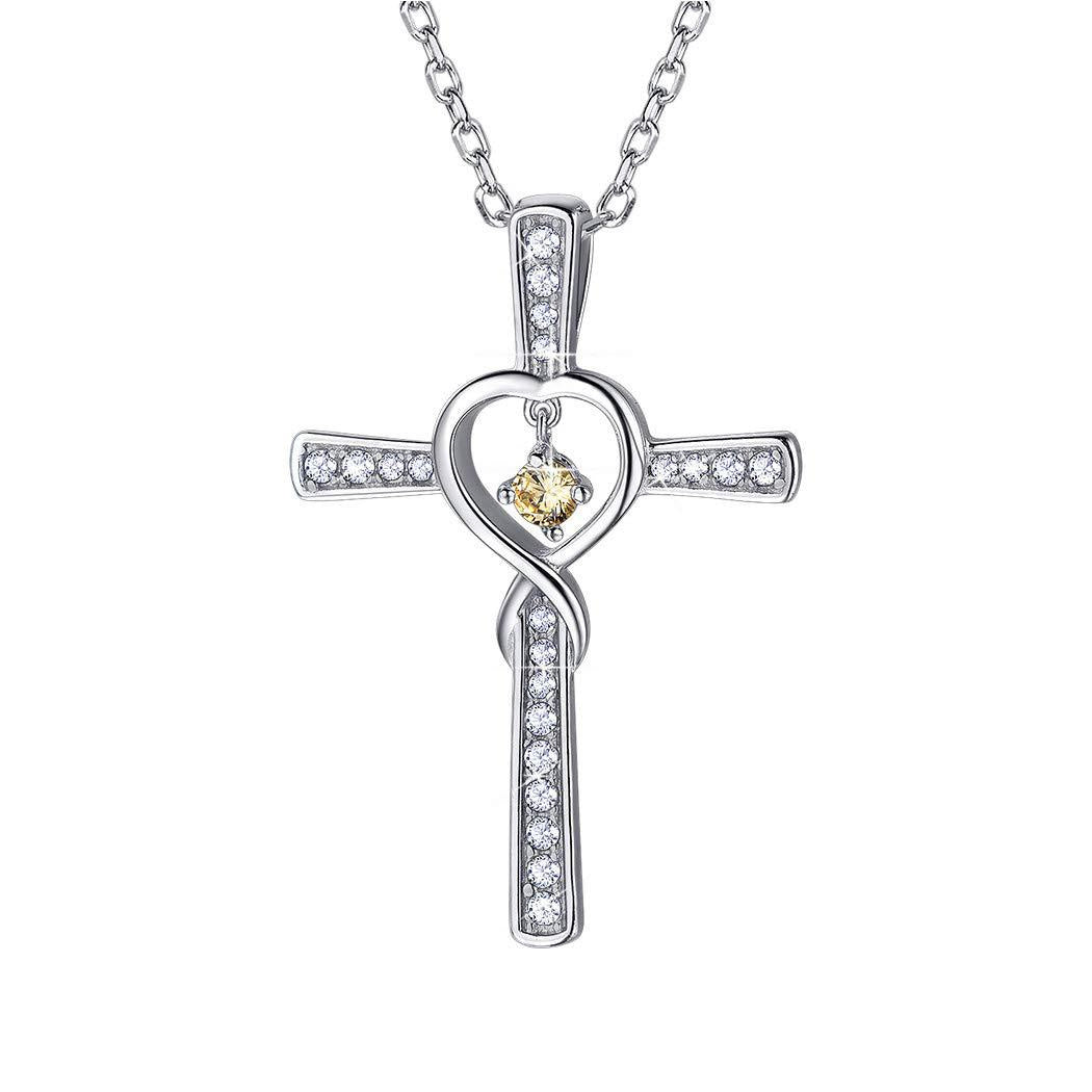 Infinity Love Cross Pendant Necklace – In God We Trust Christian Birthstone Heart Jewelry for Women with Crystal Zircon Gems