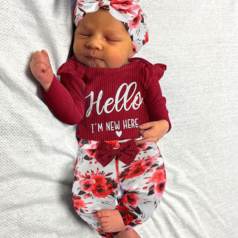 Newborn Baby Girl 'Hello I'm New Here' Romper Set Includes Floral Pants, Hat, Headband, & Coming Home Outfit