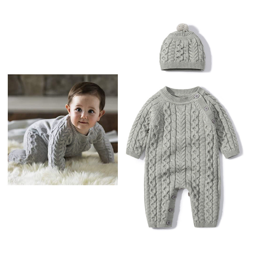 Autumn & Winter Knitted Long Sleeve Romper with Matching Knitted Hat for Babies