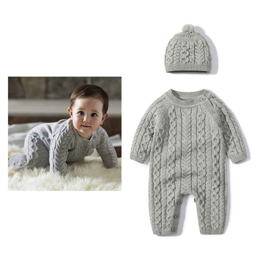 Autumn & Winter Knitted Long Sleeve Romper with Matching Knitted Hat for Babies