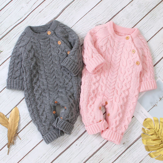 Cozy and Stylish: Knitted Solid Color Baby Jumpsuit for Comfortable Wear