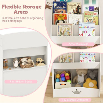 Kids 3-Tier Bookshelf & Toy Storage – White Shelf with Hidden Back Compartment