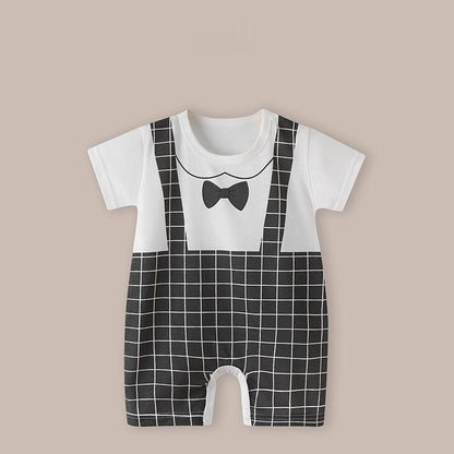 Cute Printed Baby Romper with Fake Suspender Design | Short Sleeve Newborn Outfit