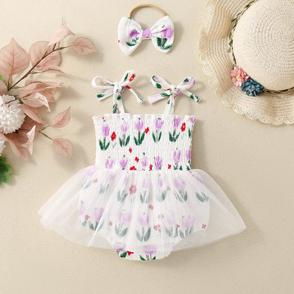 Adorable Baby Girl Floral Printed Spaghetti Strap Triangle Rompers with Tulle Skirt
