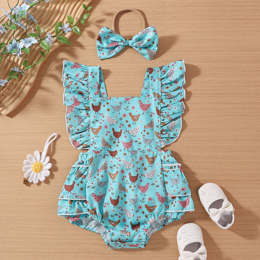 Adorable Baby Cartoon Chicken Flounced Sleeve Dress – Perfect for Toddlers!