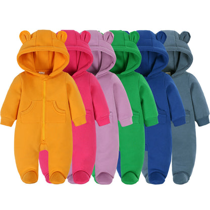 Cozy Solid Color Ear-Designed Hood Thickened Baby Foot-Wrapped Jumpsuit