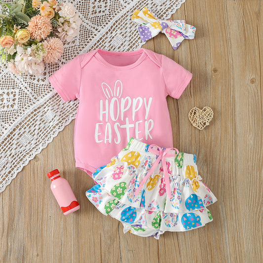 Adorable Baby Girl's Short-Sleeved Printed Romper with Colorful Skirt and Headband Set