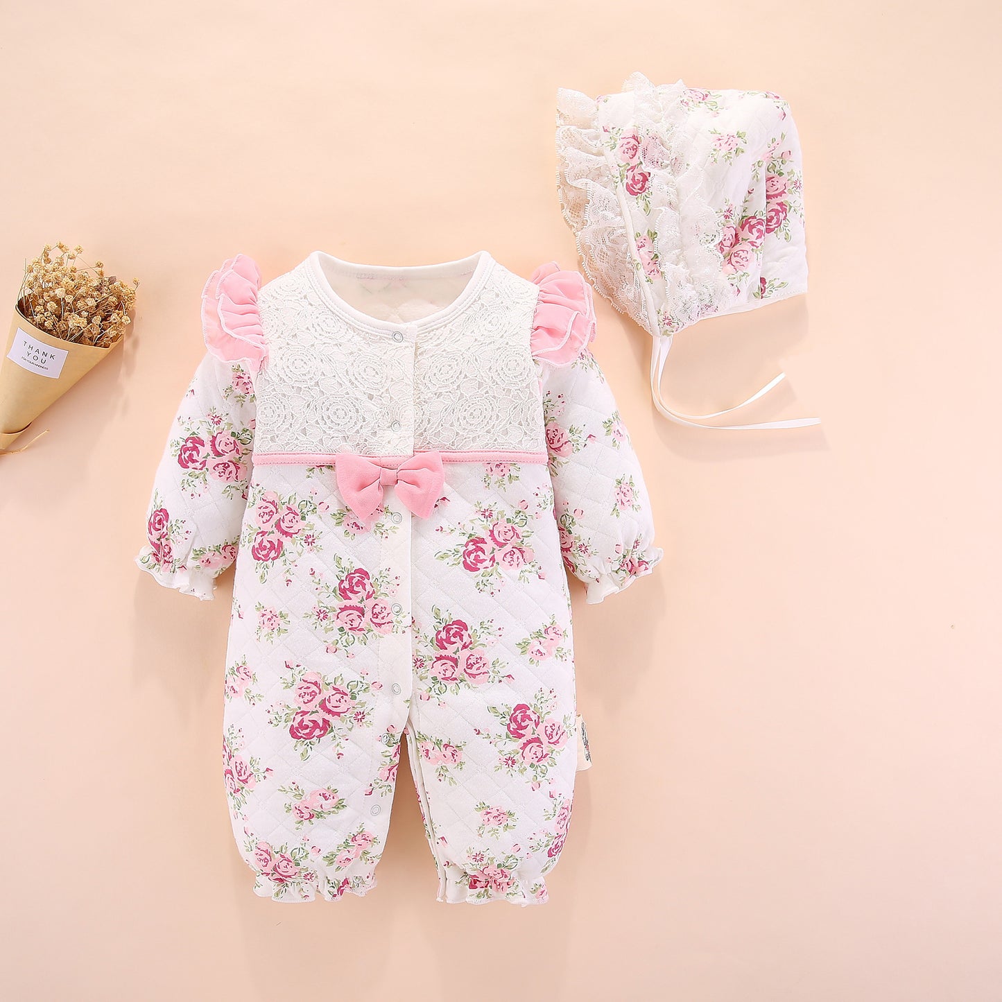 Adorable Baby's New Air Cotton Padded Floral Printed Princess Jumpsuit With Hat