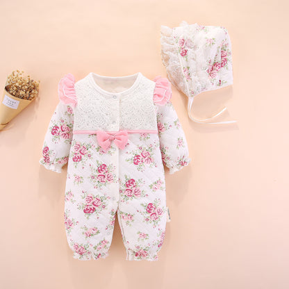 Adorable Baby's New Air Cotton Padded Floral Printed Princess Jumpsuit With Hat