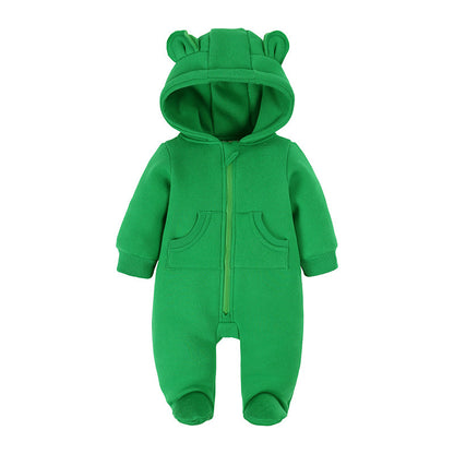 Cozy Solid Color Ear-Designed Hood Thickened Baby Foot-Wrapped Jumpsuit