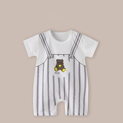 Cute Printed Baby Romper with Fake Suspender Design | Short Sleeve Newborn Outfit