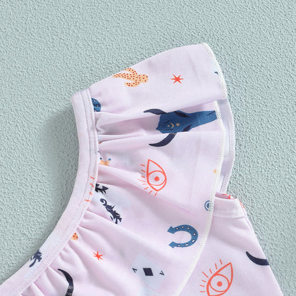 Girls One-Shoulder Bull Head Print Swimsuit