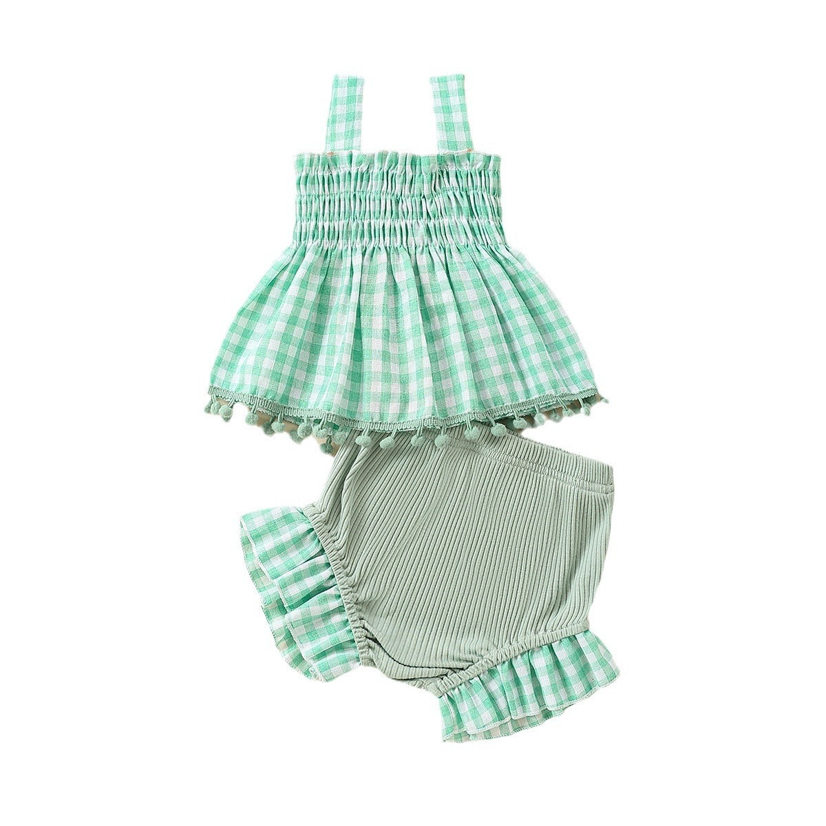 Charming Baby Girl Plaid Design Pom Pom Lace Dress and Short Set