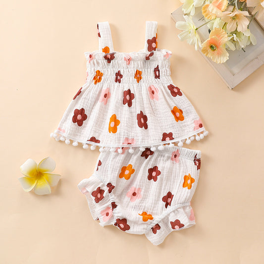 Adorable Baby Girl Flowers Sling Lace Skirt and Shorts Two-Piece Suit