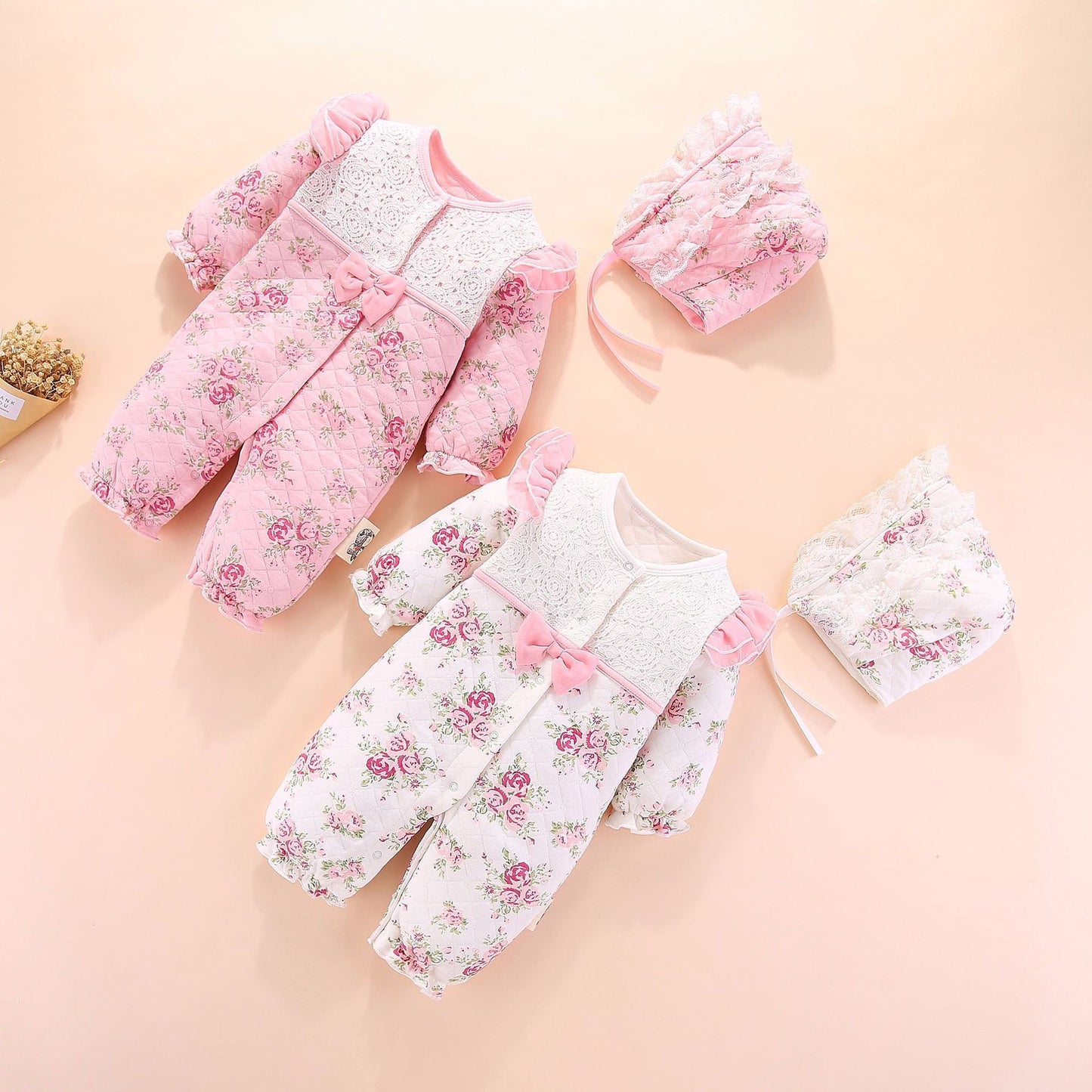 Adorable Baby's New Air Cotton Padded Floral Printed Princess Jumpsuit With Hat