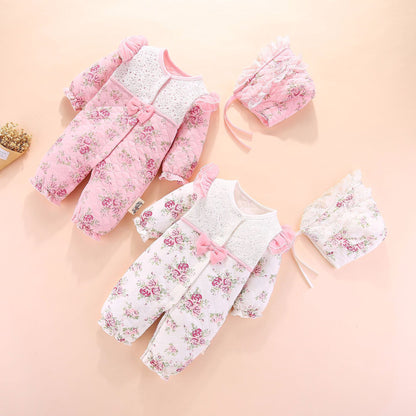 Adorable Baby's New Air Cotton Padded Floral Printed Princess Jumpsuit With Hat