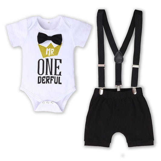 Cute Baby Romper with Bow Tie & Suspender Pants - Adorable Printed Outfit
