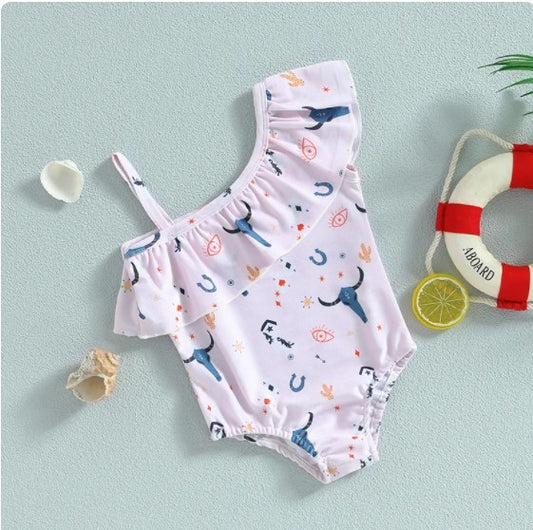 Girls One-Shoulder Bull Head Print Swimsuit