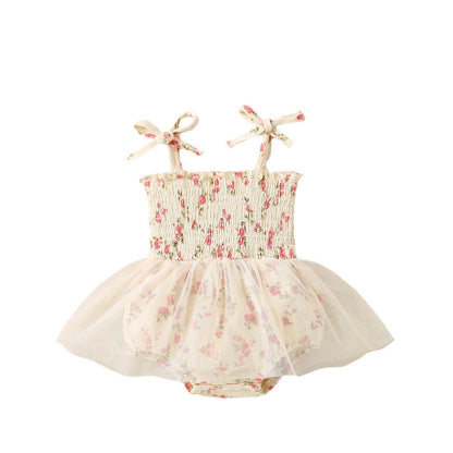 Adorable Baby Girl Floral Printed Spaghetti Strap Triangle Rompers with Tulle Skirt