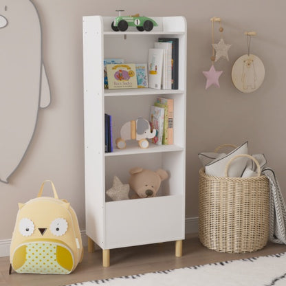 Kids 4-Tier Wooden Bookcase – Multi-Purpose Storage Shelf with Wall Safety Buckle
