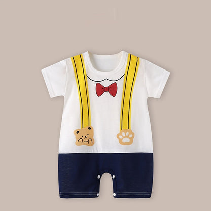 Cute Printed Baby Romper with Fake Suspender Design | Short Sleeve Newborn Outfit