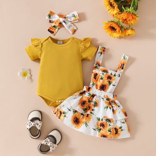 Baby Girl's Summer Short-sleeved Romper Wiot Suspender Skirt Floral Fruit Casual Skirt Suit