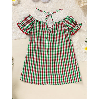 Baby & Toddler Girls Christmas Dress – Short Sleeve Plaid Party Dress with Embroidered Christmas Tree