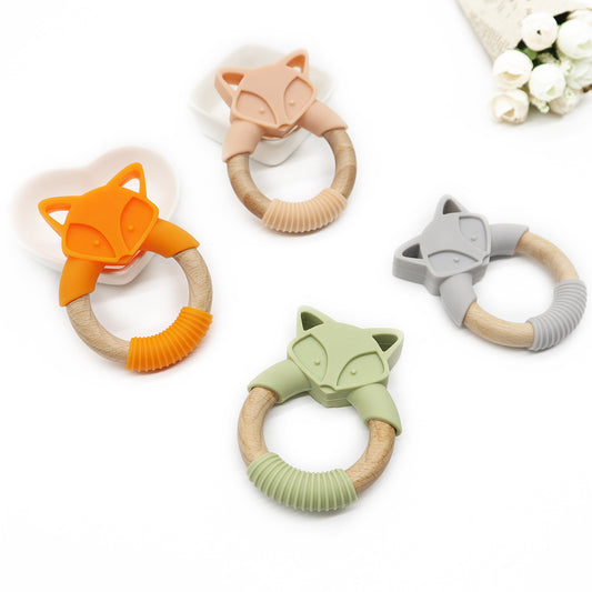 Fox Baby Teether | Silicone Wood Ring Molar Stick Toy for Soothing Relief