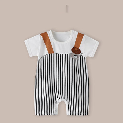 Cute Printed Baby Romper with Fake Suspender Design | Short Sleeve Newborn Outfit