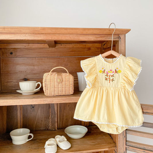 Elegant Baby Girl Embroidered Ruffled Sleeve Lace Romper - Stylish Infant Outfit
