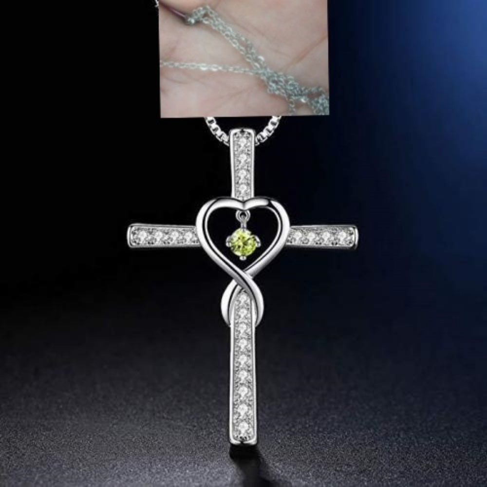 Infinity Love Cross Pendant Necklace – In God We Trust Christian Birthstone Heart Jewelry for Women with Crystal Zircon Gems