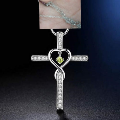 Infinity Love Cross Pendant Necklace – In God We Trust Christian Birthstone Heart Jewelry for Women with Crystal Zircon Gems