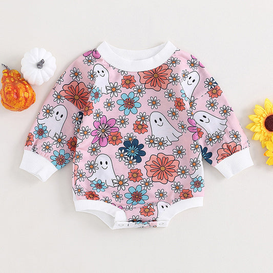 Flower and Ghost Printed Long Sleeve Baby Jumpsuit for Halloween